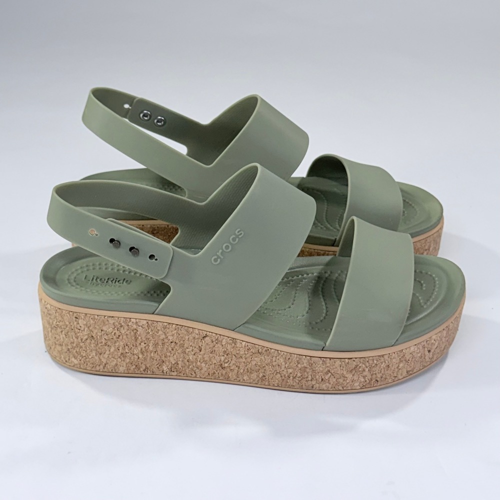 Crocs Brooklyn Cork Low Wedge Sandal Womens 10 Sage Green Platform Comfort Boho